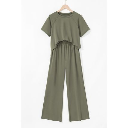 Seagrass Raw Hem Loose Tee and Wide Leg Pants Set