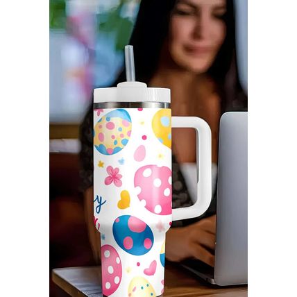White Happy Easter Bunny Eggs Printed Thermal Tumbler