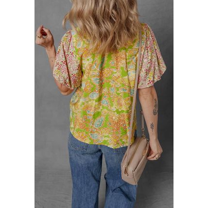Multicolour Printed Contrast Bubble Sleeve Patchwork Blouse