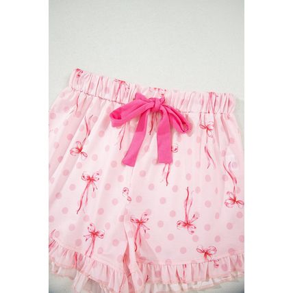 Pink Bow Print Contrast Pipping Short Pajamas Set