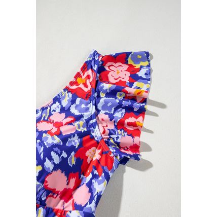 Blue Floral Print Ruffled V Neck High Waist One Piece Swimwear