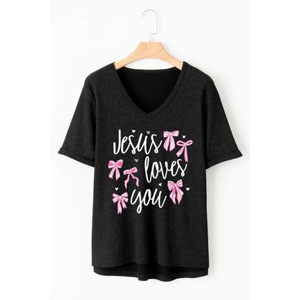 Gray Jesus Loves You Bow Knot Print V Neck Waffle Knit Loose T Shirt