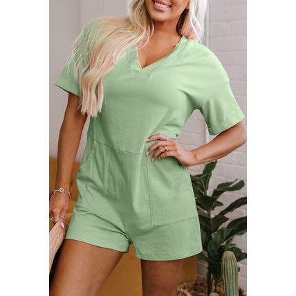 Grass Green Loose Half Sleeve V Neck Knit Romper