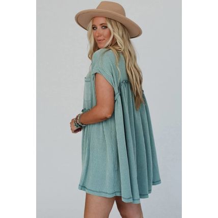 Canton Corded Knit Textured Patched Pocket Frilled Swing Mini Dress with Pockets