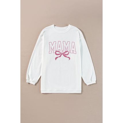 White MAMA Bowknot Embroidered Ribbed Pullover Sweatshirt