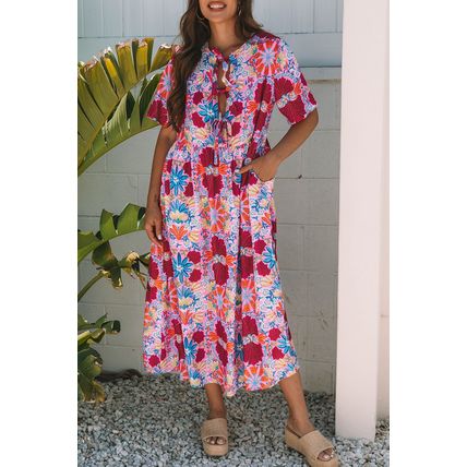 Rose Floral Tied Front High Waist Short Sleeve Loose Long Dress