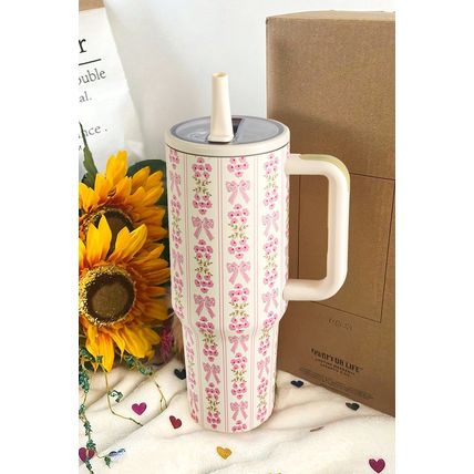 White Sweet Bow Flower Print Straw Insert Tumbler Cup 40oz