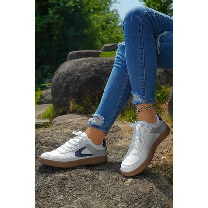 Navy Blue Color Contrast PU Leather Lace-up Sneakers