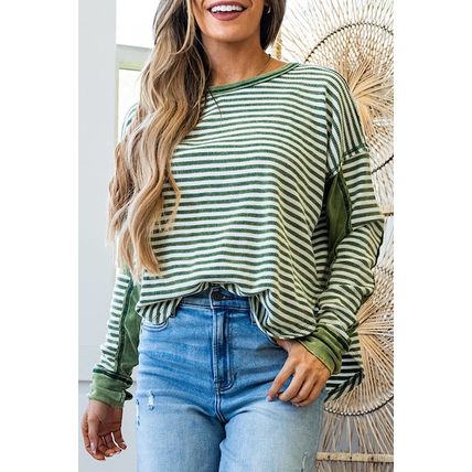 Green Stripe Thermal Knit Drop Shoulder Casual Top