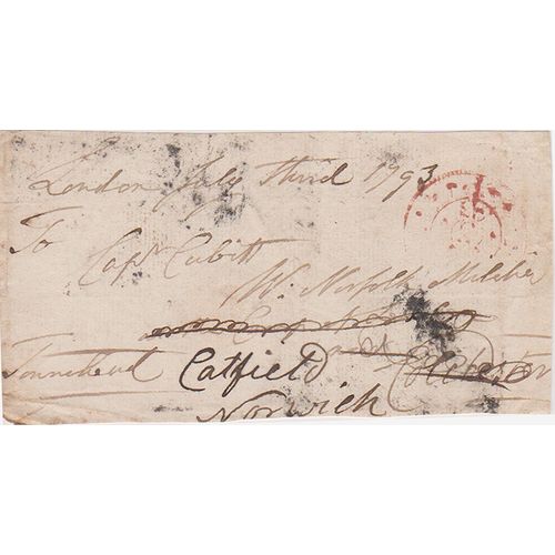 GB 1793 letter front to Captain Corbitt in Norwich