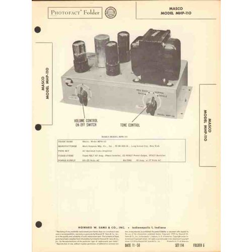 MASCO model MHP-110 4 tube audio amplifier Sams Photofact manual