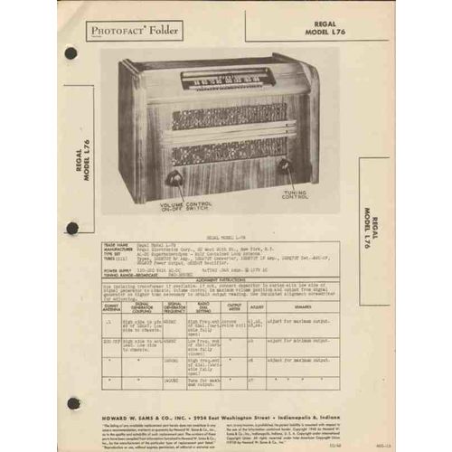 REGAL model L-76 6 tube AM radio receiver Sams Photofact manual