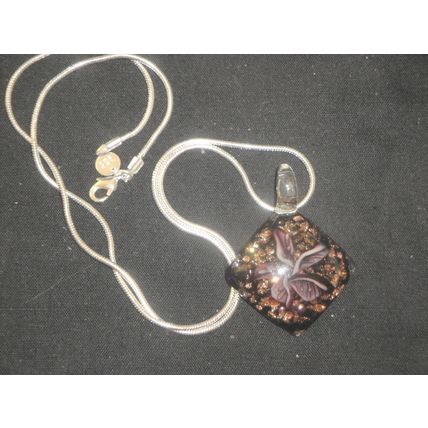 Square black glass pendant with purple white flower & gold dust