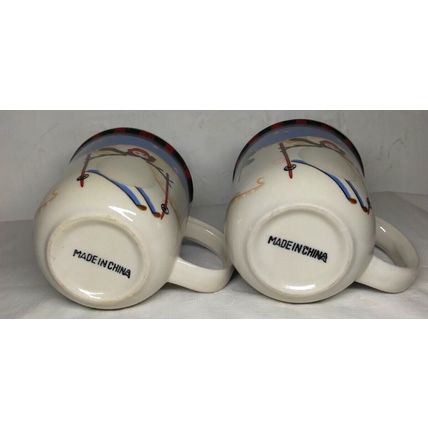 Set of 2 Snowmen Sledding Skiing Coffee Tea Mug 3" x 3 3/4" Winter Fun