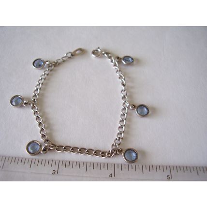 Vintage Bezel Bracelet Cornflower Blue Pastel Glass Disc Drops Silver-Plated