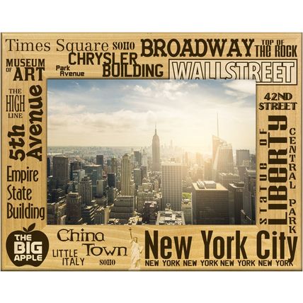 New York City Key Places Laser Engraved Wood Picture Frame Landscape (5 x 7)