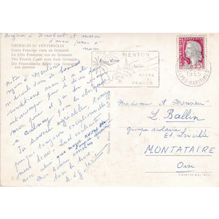 Grimaldi di Ventimiglia France Postcard posted 1965 corner crease