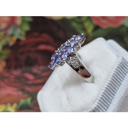 Natural Tanzanite Zircon Rhombus Cluster Ring Sz P½ Platinum Overlay 925 Silver