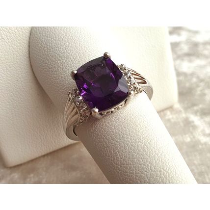 Lusaka Amethyst & White Zircon Solitaire Accents Ring Size R Platinum 925 Silver