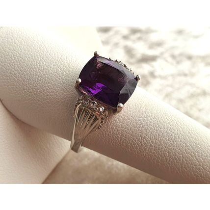 Lusaka Amethyst & White Zircon Solitaire Accents Ring Size R Platinum 925 Silver
