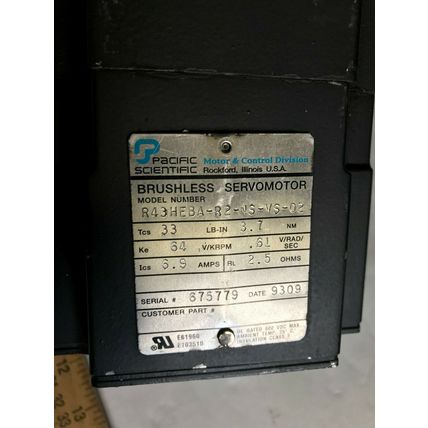 PACIFIC SCIENTIFIC R43HEBA-R2-NS-VS-02 BRYSHLESS SERVO MOTOR, REPAIRED,TH