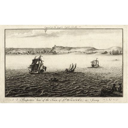 PERSPECTIVE VIEW OF THE TOWN OF ST. HILLARY, IN JERSEY 1771 ANTIQUE ENGRAVING