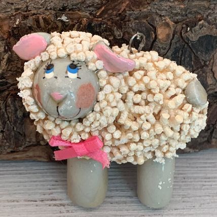 Darling VTG 70s Salt Dough Ornament Girl Sheep W Blue Eyes Pink Cheeks Ears 2.25