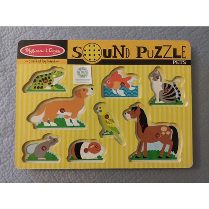 MELISSA & DOUG HANDCRAFTED PETS SOUND PUZZLE SHAPED PEG PIECES CAT DOG HORSE +