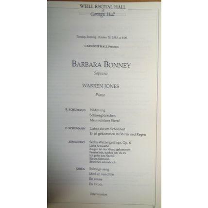 Barbara Bonney, Soprano & Warren Jones, Piano - Carnegie Hall Stagebill Oct,1993