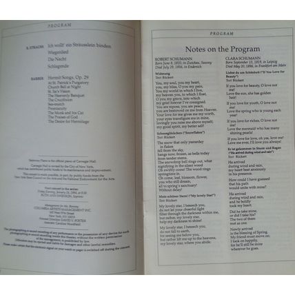 Barbara Bonney, Soprano & Warren Jones, Piano - Carnegie Hall Stagebill Oct,1993