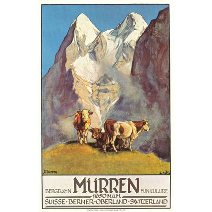 Murren Bergbahn Funiculaire Swiss Cattle 1925 Poster Postcard