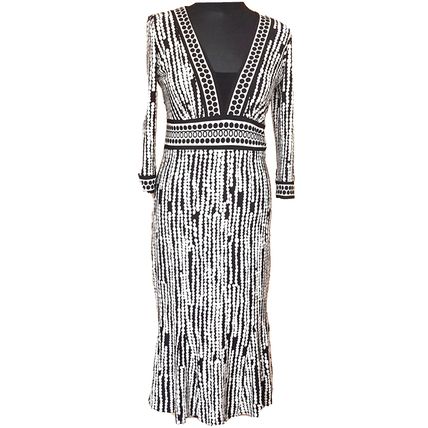 Black and White Abstract Spot Print V-neck Midi Dress Size 10 12 UK