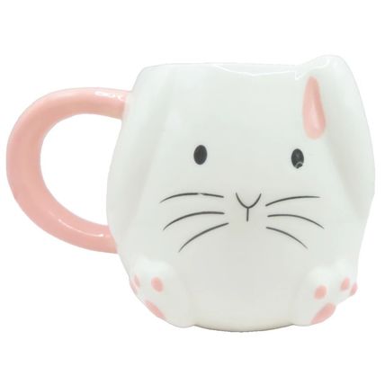 White Rabbit Mug with Pink Handle Ceramic 9.5 CM Not Microwave/Dishwasher Safe