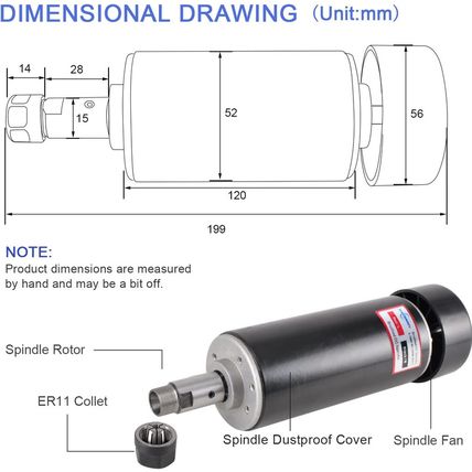 Daedalus CNC Spindle Motor Kit, 500W, ER11, Brushed