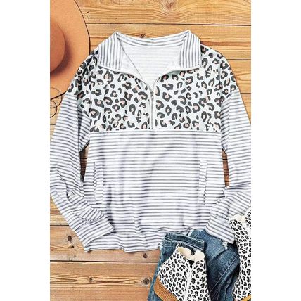 Leopard Splicing Zipper Collar Striped Sweatshirt