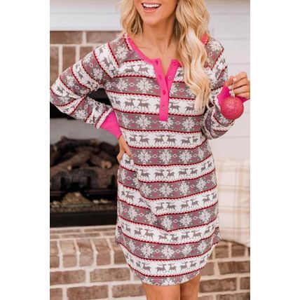 Rose Christmas Pattern Henley Pajama Dress