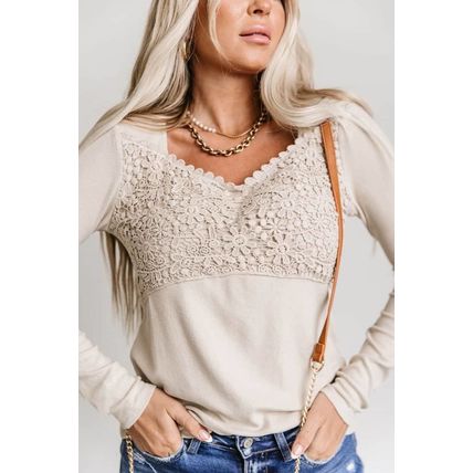 Beige Lace Crochet V Neck Long Sleeve Top