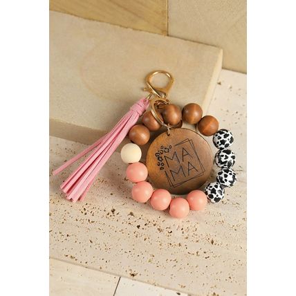 Pink MAMA Wood Pendant Leopard Fringe Keychain