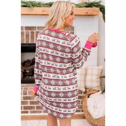 Rose Christmas Pattern Henley Pajama Dress