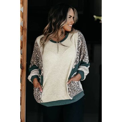 Leopard Colorblock Patchwork Dolman Sleeve Plus Size Top