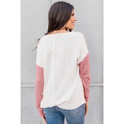 Peach Blossom Long Sleeve Colorblock Chest Pocket Textured Knit Top