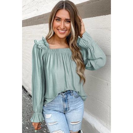 Green Ruffled Square Neck Cuffs Long Sleeve Blouse