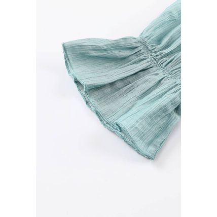 Green Ruffled Square Neck Cuffs Long Sleeve Blouse