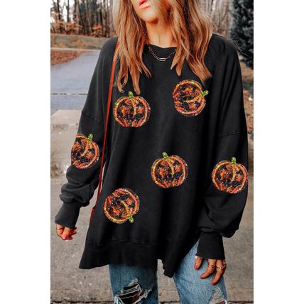 Black Sequined Jack O Lantern Split Hem Baggy Sweatshirt