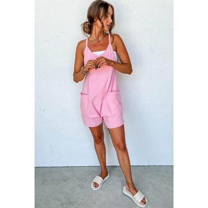 Pink Spaghetti Straps V Neck Jersey Romper