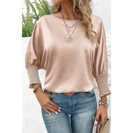 Smoke Gray Shirred Dolman Sleeve Satin Blouse