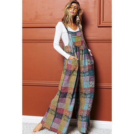 Multicolour Brushed Checkered Wide Leg Overalls