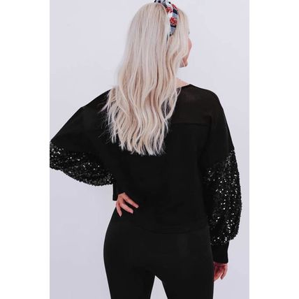 Black Sequin Patchwork Lantern Sleeve Blouse