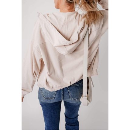 White Corduroy Drawstring Hooded Pocket Zip Up Jacket