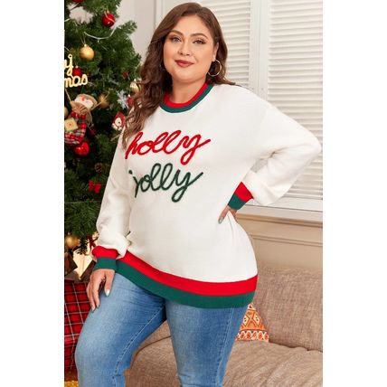 White Tinsel holly jolly Pattern Colorblock Edge Drop Shoulder Plus Size Sweater